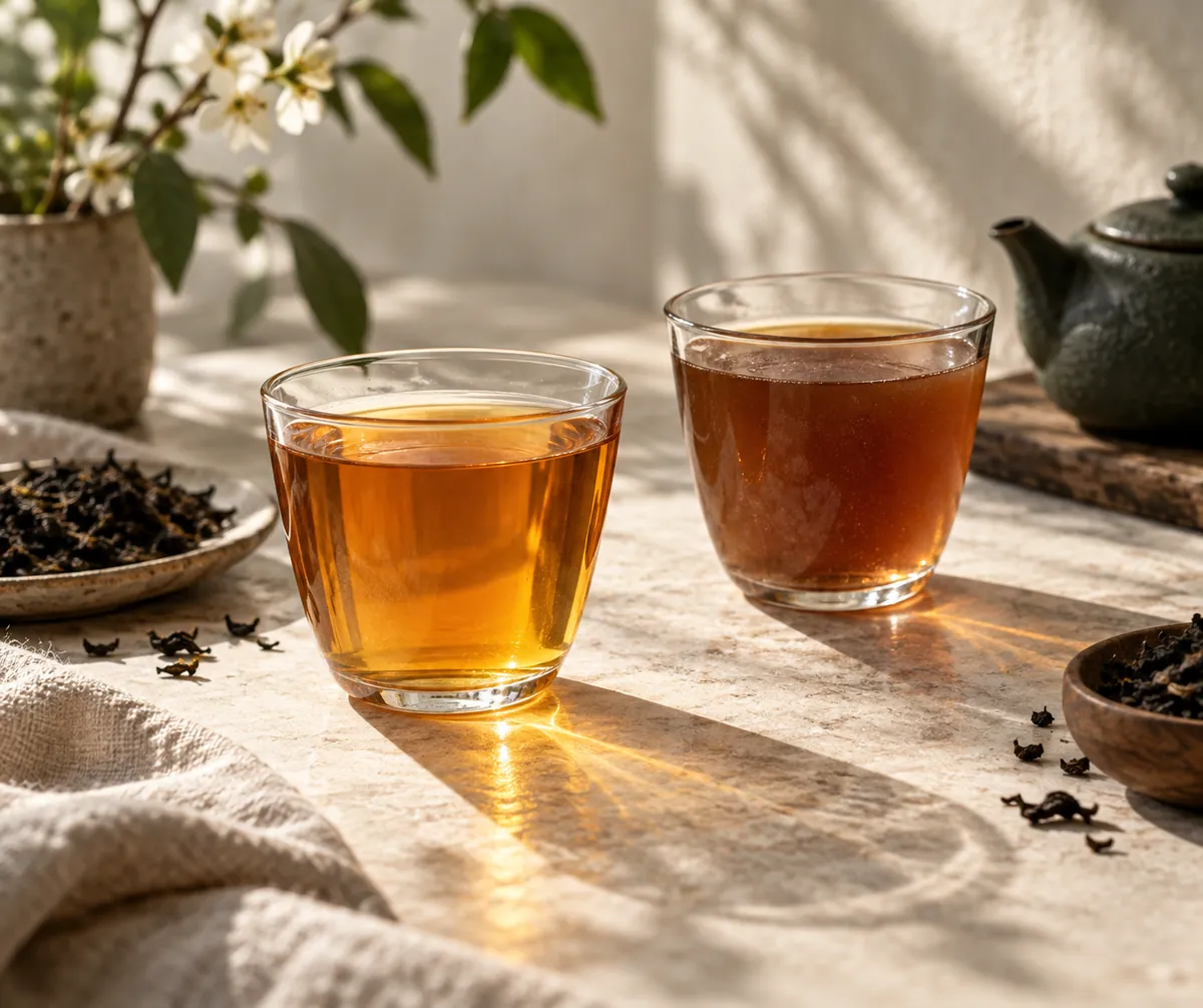 Two glasses of tea against light, one bright and clear amber and one darker with a slight haze