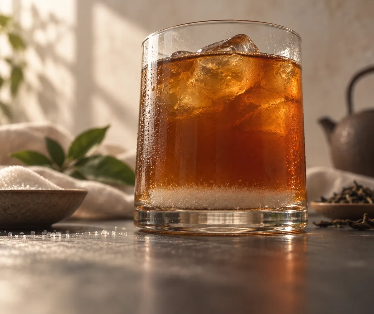 A glass of cold tea with a visible layer of white granules settled across its base