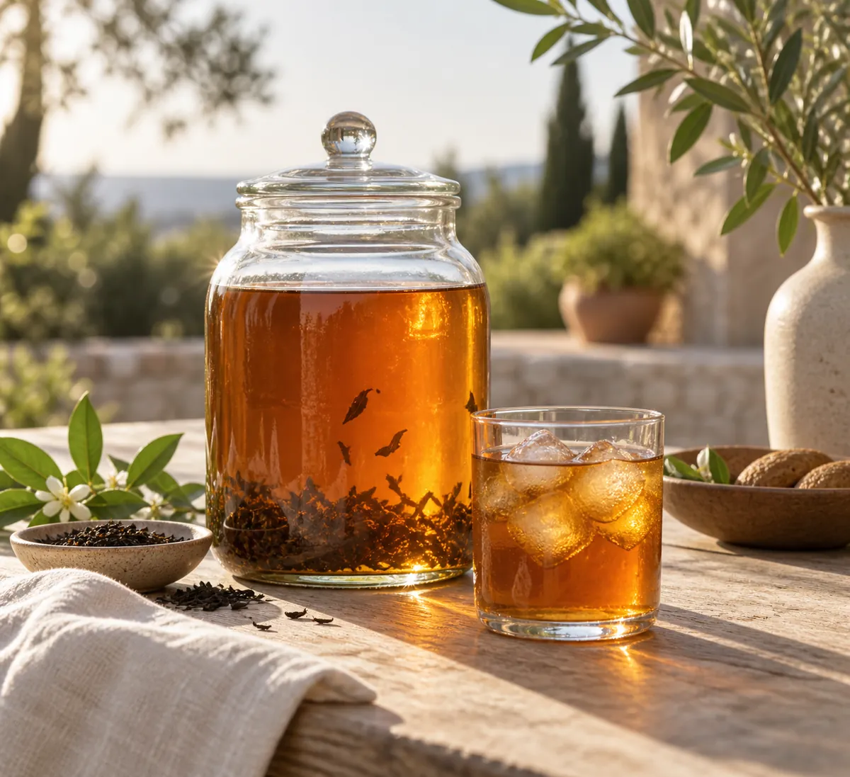 A large clear glass jar of amber tea standing in bright sunlight on a wooden outdoor table beside a glass of iced tea