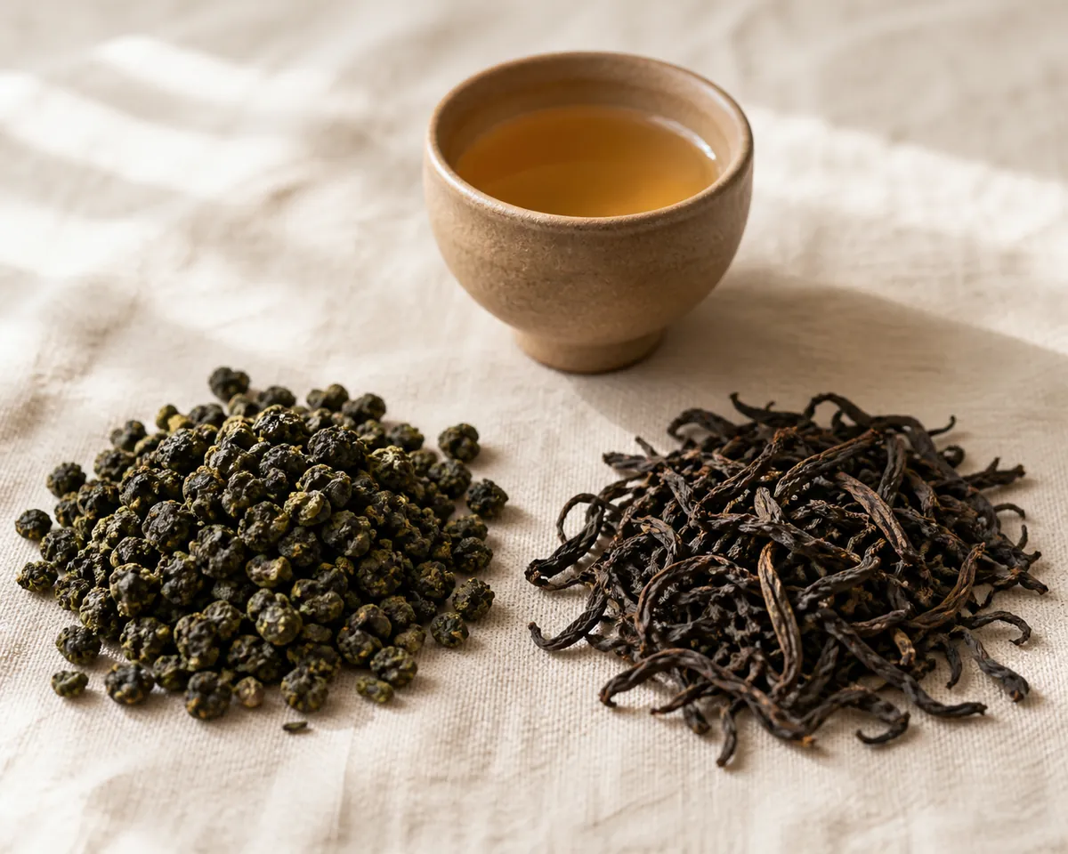 Tightly rolled oolong tea pellets beside long twisted oolong leaf