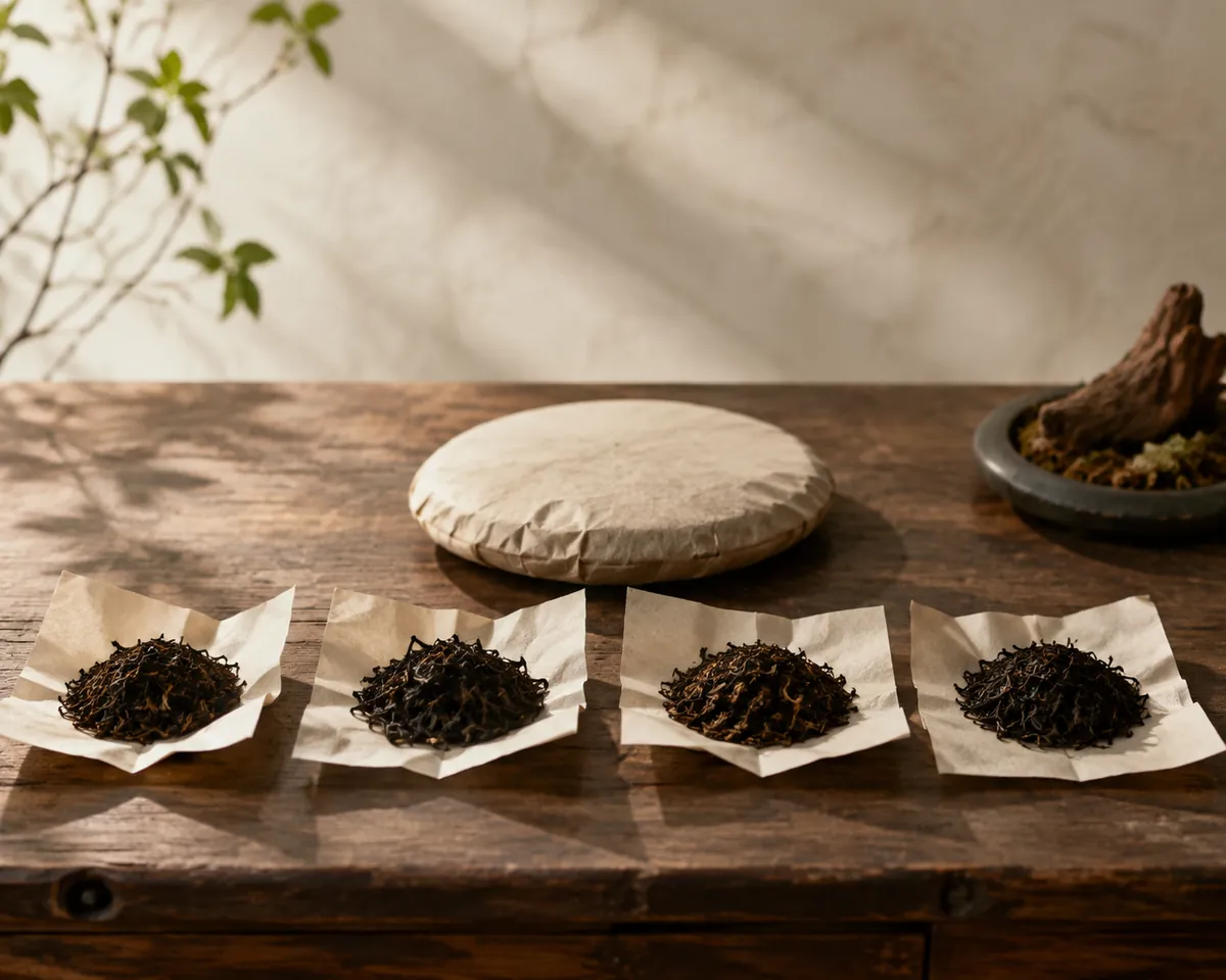 Four small unmarked paper packets of loose dark tea leaf opened in a row beside a plain-wrapped compressed cake