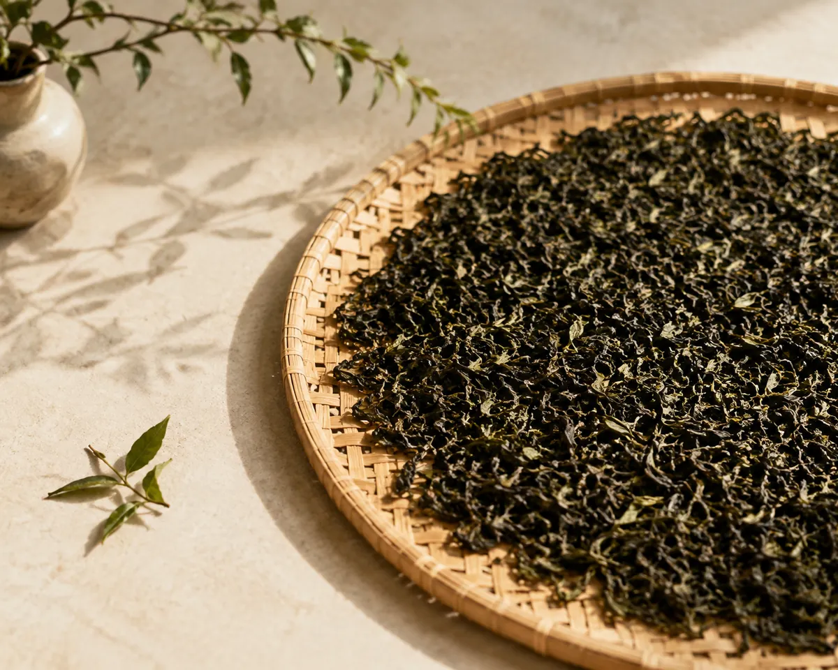 Loose dark green tea leaf spread in a thin layer over a woven bamboo mat drying in open sunlight