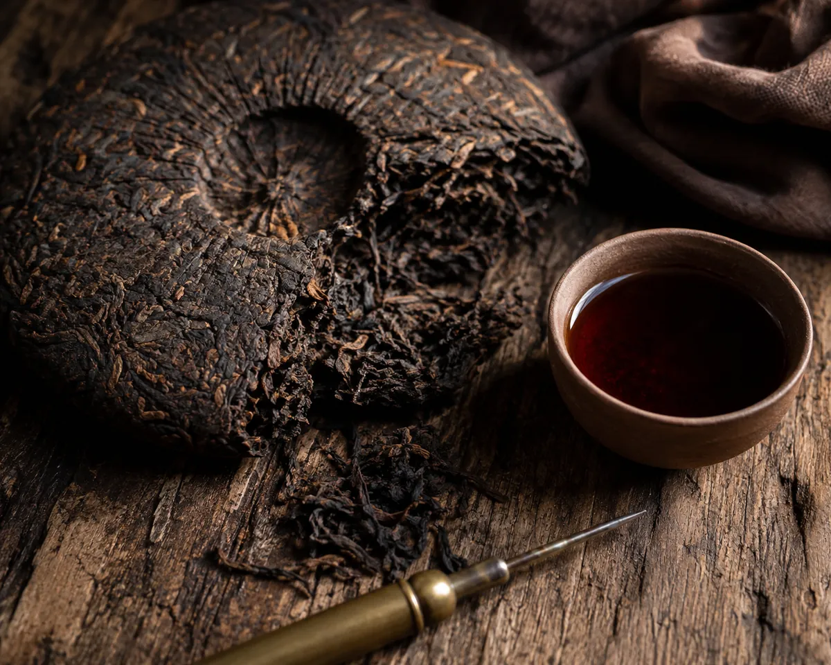 A compressed disc of pu-erh tea beside loose dark leaves and a small cup of dark liquor