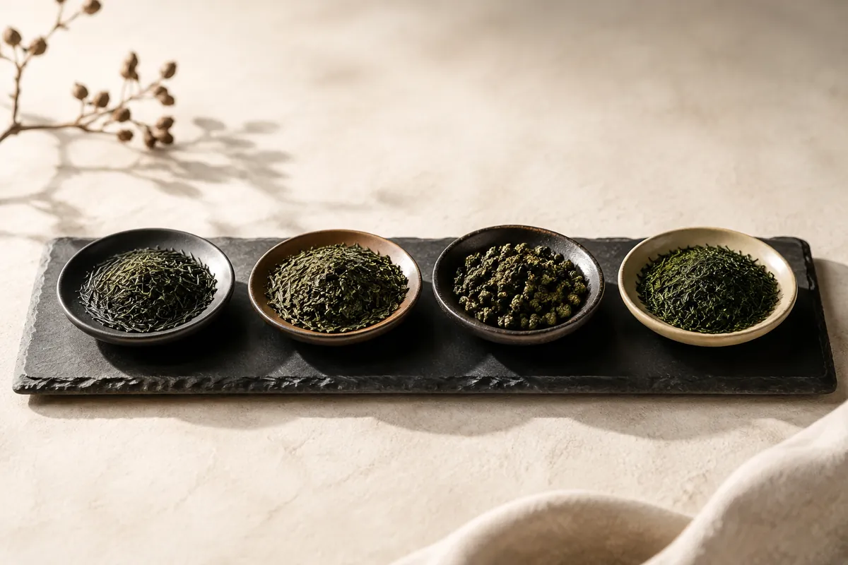 Four small dishes of Japanese green tea leaf in a row, from flat needles to rolled and shaded leaf
