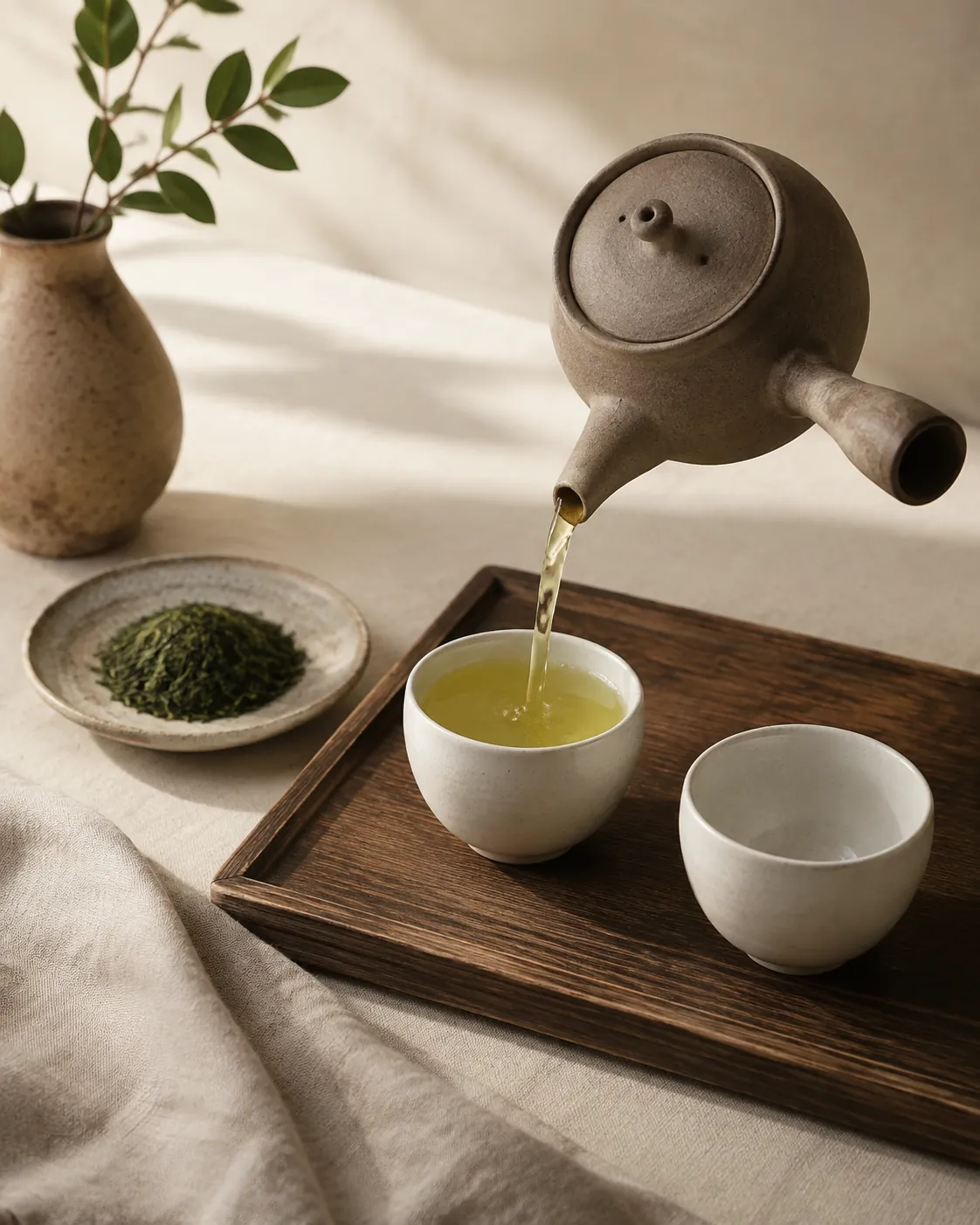 A side-handled clay teapot tipped over a small cup, a steady stream of pale yellow-green tea running into it