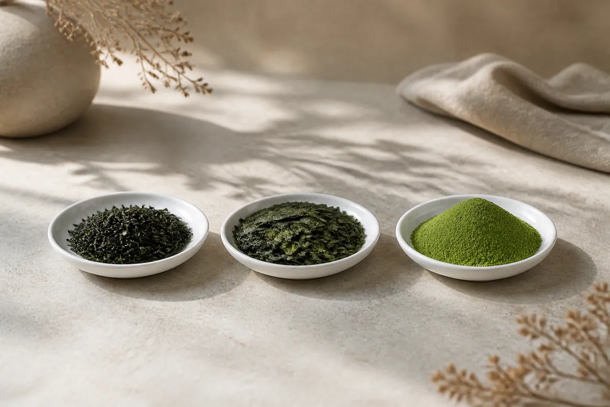 Three small white dishes in a row holding fine dark green tea needles, flat unrolled green leaf, and bright green powder