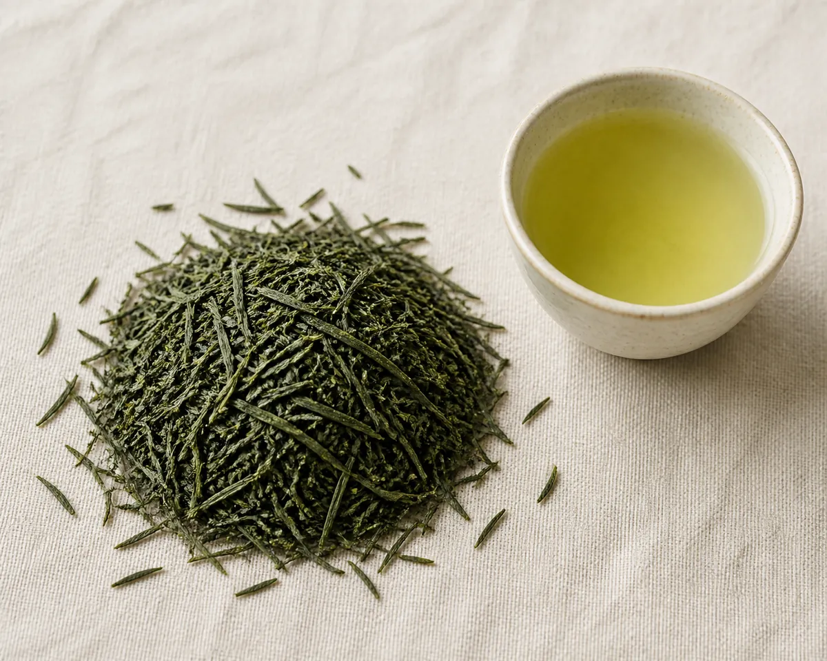Fine dark green needle-shaped sencha leaves beside a cup of pale green liquor