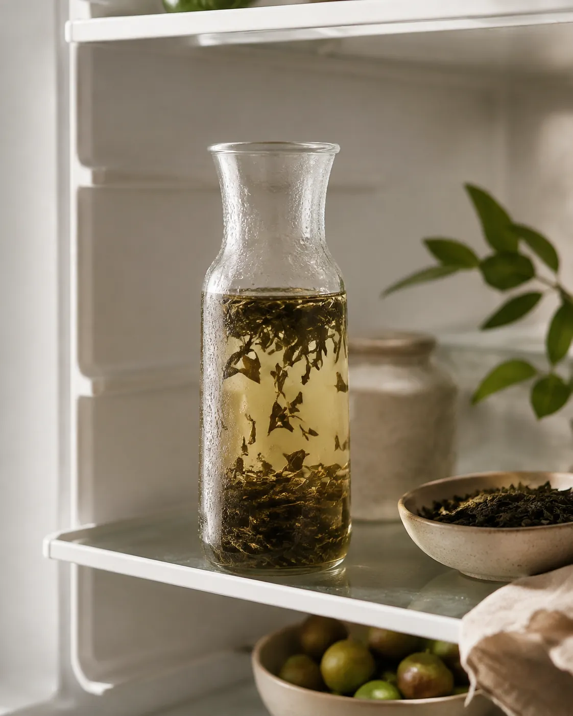 A carafe of cold-brewed tea in a fridge, leaf suspended and the liquor very pale