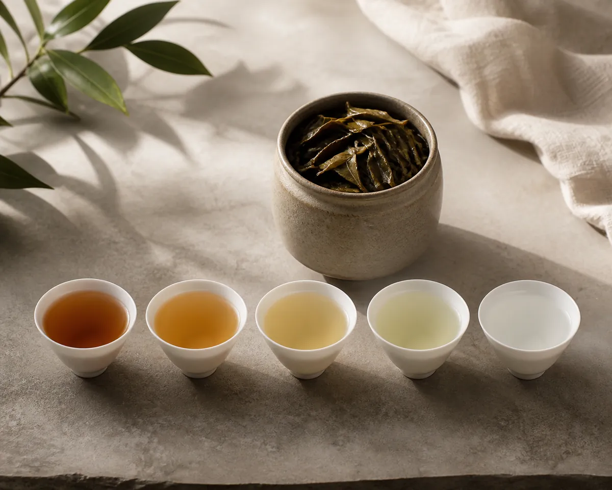 Five small tasting cups in a row, the liquor deep amber in the first and fading to pale straw in the last, beside an open pot of wet leaf