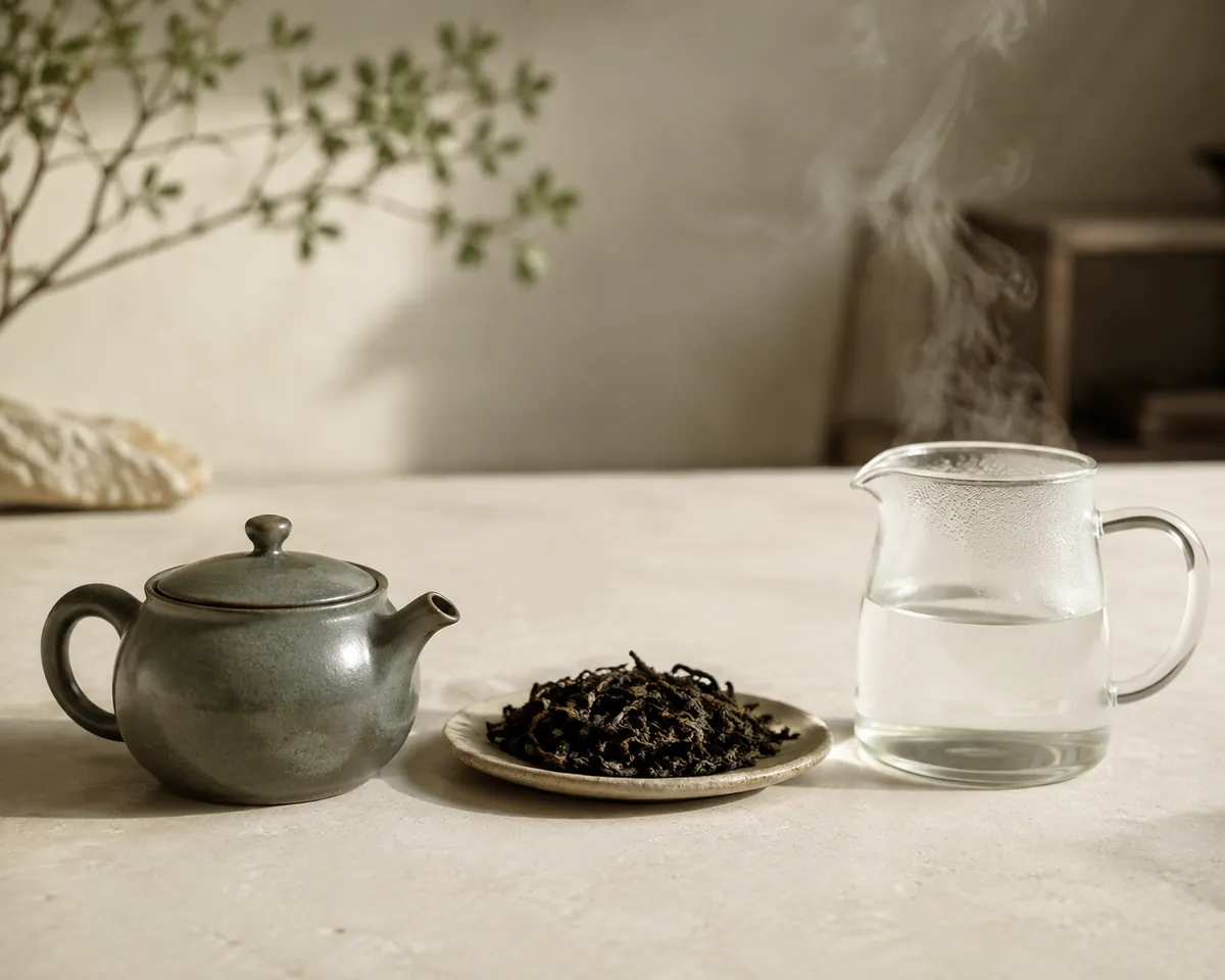 A warmed pot, a weighed pile of leaf and a jug of cooling water set out in order
