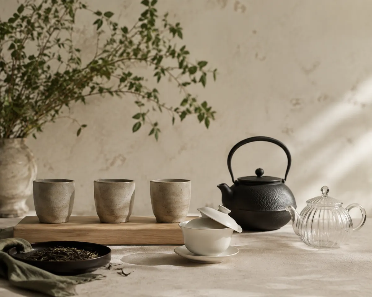 Three brewing vessels in a row on a wooden board, a thin white porcelain gaiwan, a heavy black cast-iron pot and a clear glass teapot