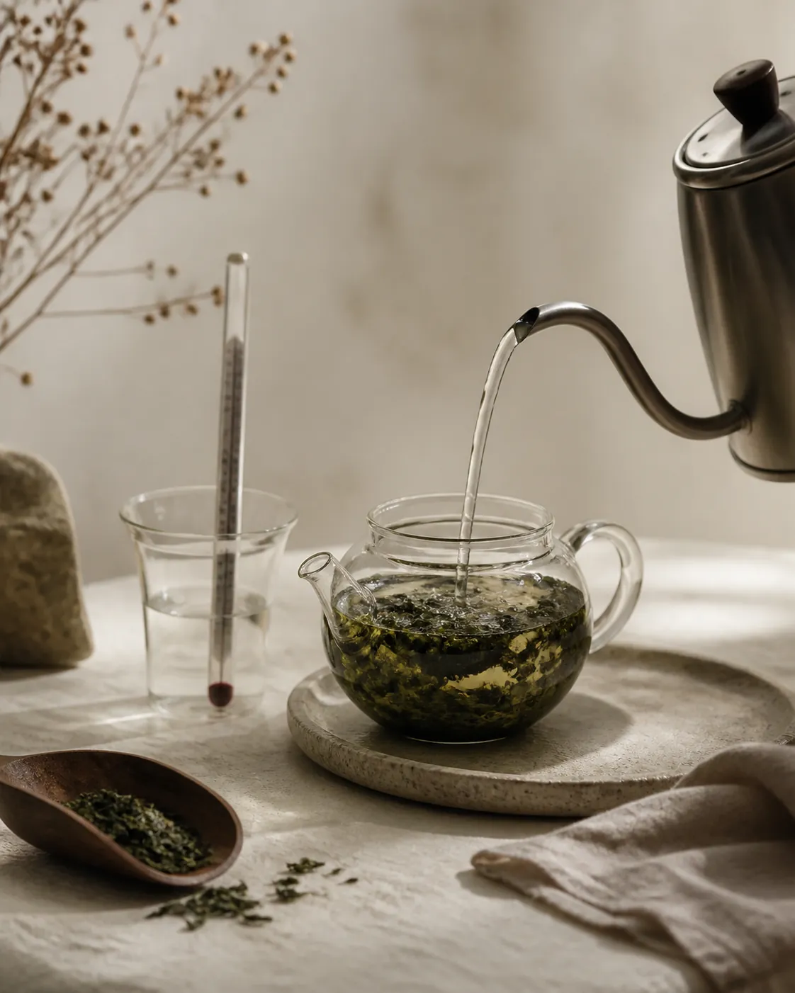 A kettle pouring water over tea leaves