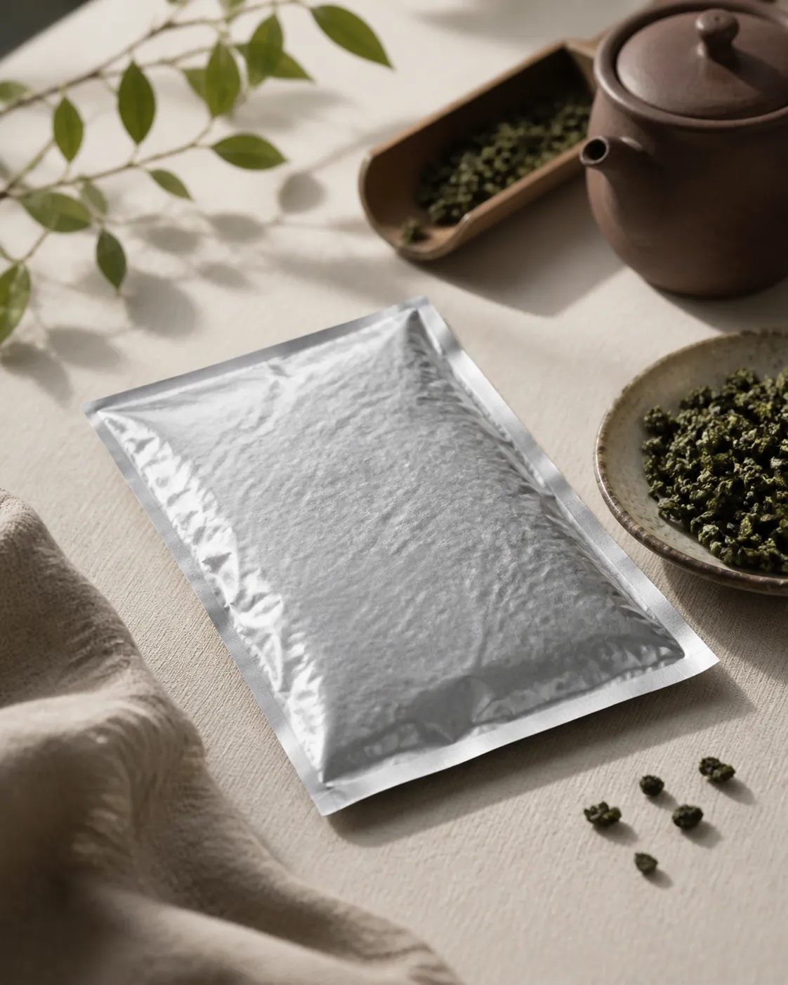 A flat vacuum-sealed unmarked foil pouch of tea, its surface lightly frosted, lying on a wire freezer shelf