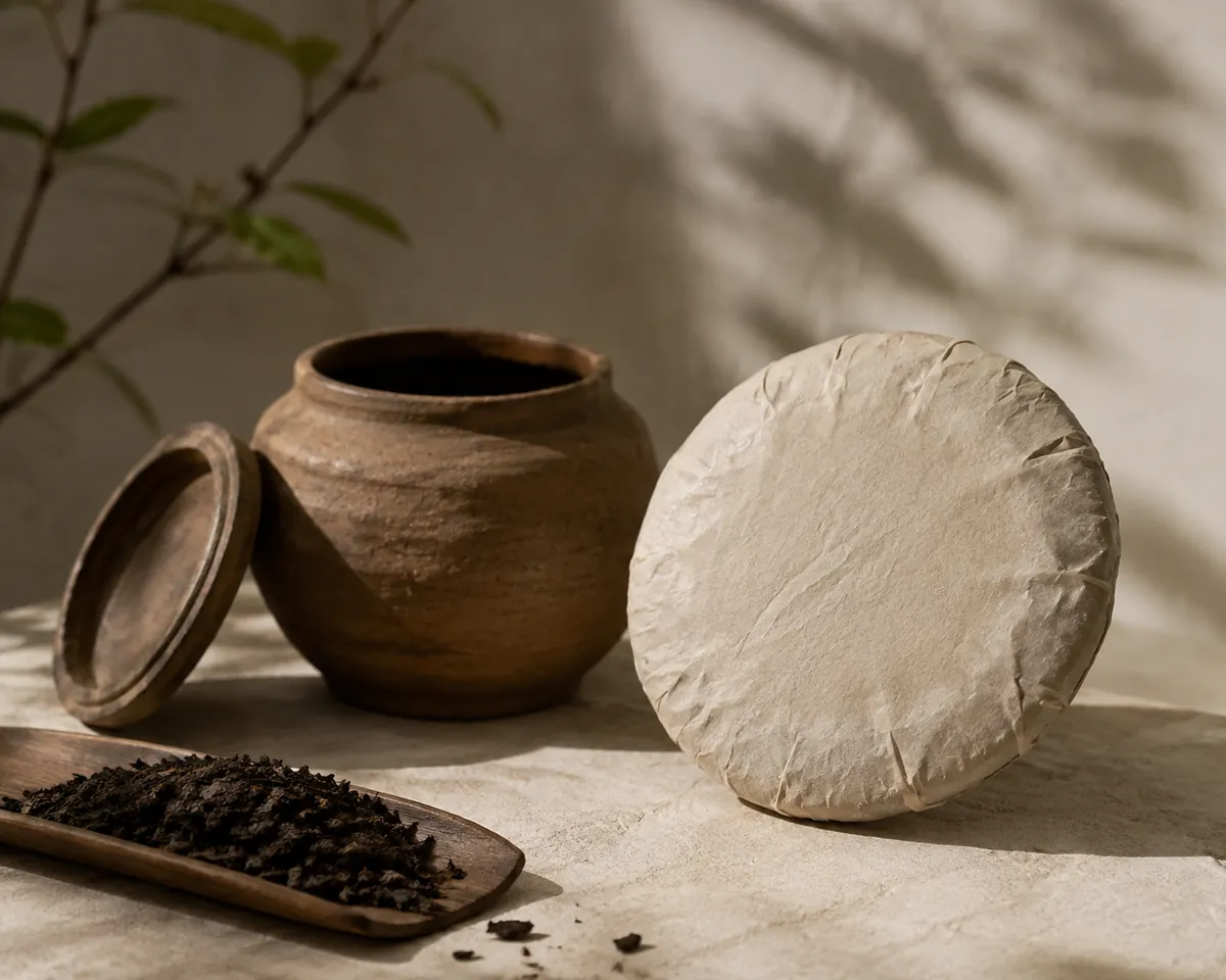 A compressed pu-erh tea cake in a plain unprinted paper wrapper resting on a shelf beside an unglazed clay jar with its lid ajar