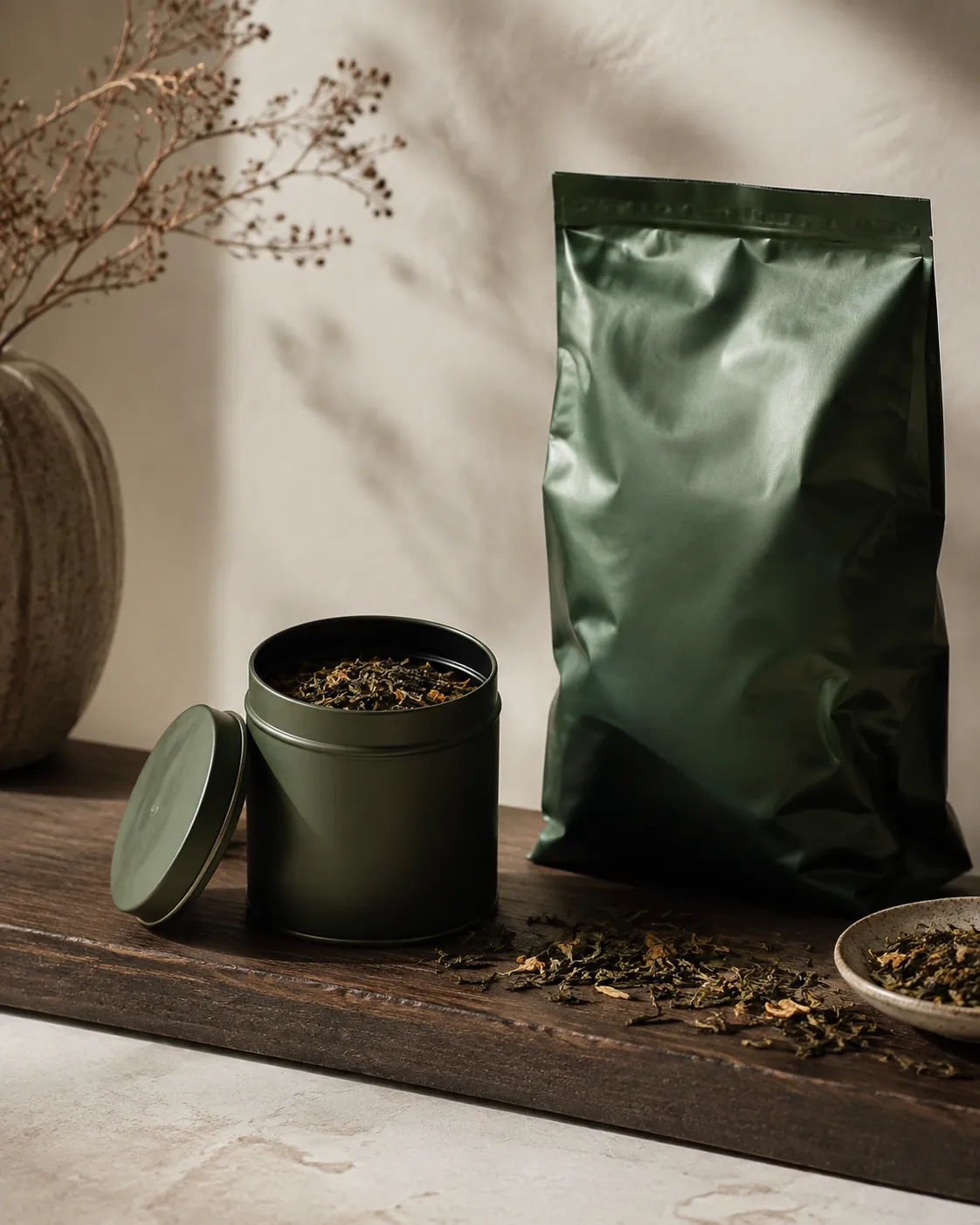 A small sealed tin beside a much larger bag of tea, the small tin open and half full