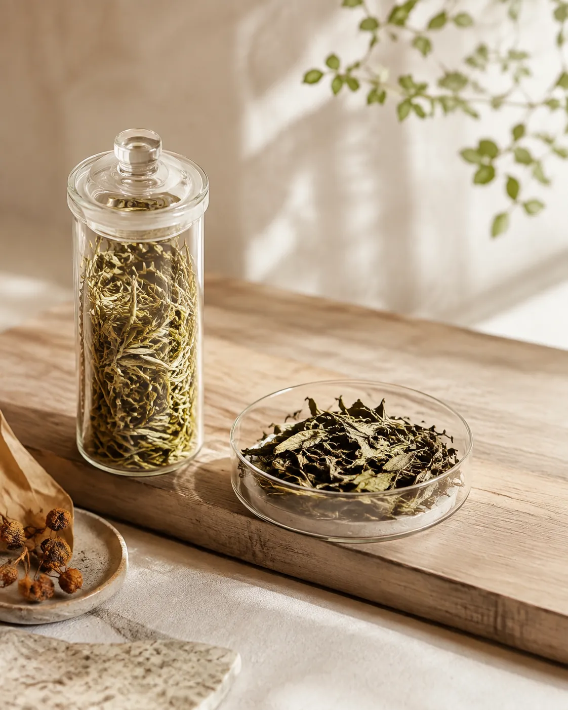 A tall narrow lidded jar of pale tea beside a wide shallow open one on a sunny step