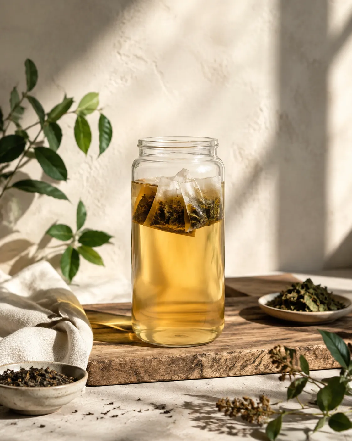 A large glass jar of pale amber tea standing in bright sunlight on a wooden step, tea bags suspended inside