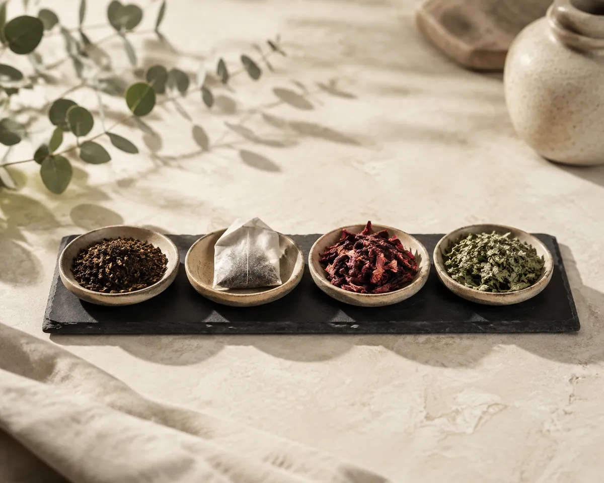 Four small dishes of dry material on dark slate: broken black tea, a blended tea bag, dried hibiscus and dried mint