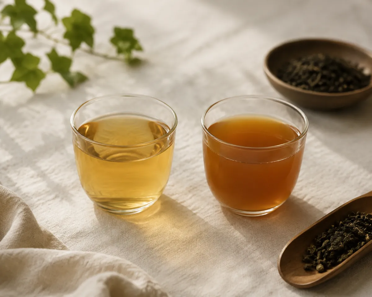 Two glasses of tea side by side on pale linen, the left pale gold and perfectly clear, the right darker and slightly hazy