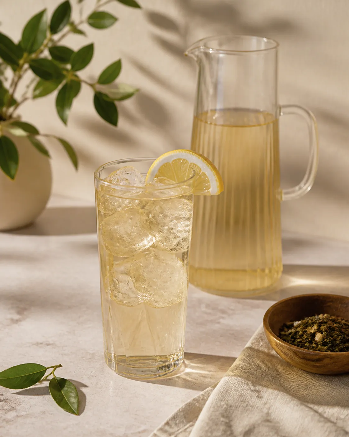 A tall glass of clear pale tea over ice with a wedge of lemon on the rim, a jug of the same behind it