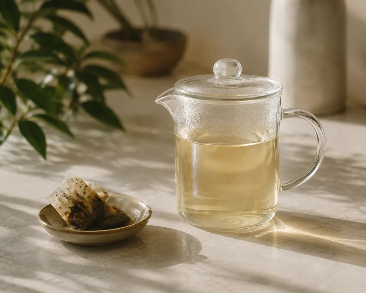 A covered glass jug of clear pale tea on a fridge shelf, the tea bags removed and resting on a saucer beside it