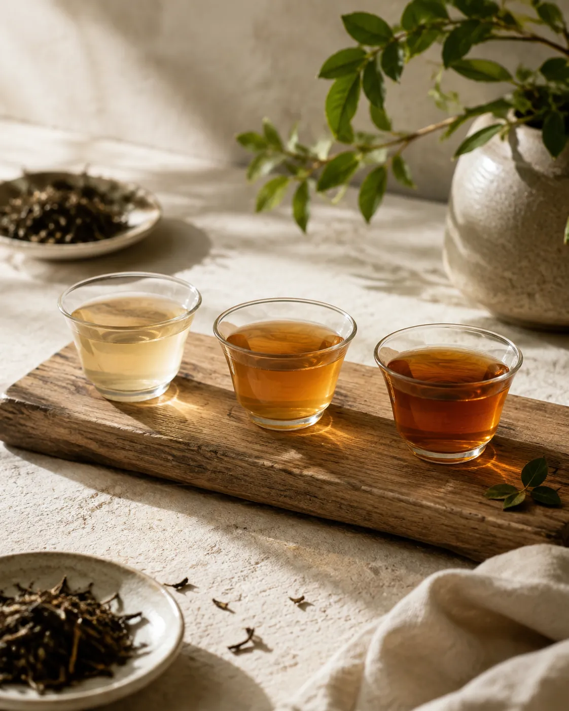 Three small glasses in a row on a sunny step showing the same tea at increasing depths of amber