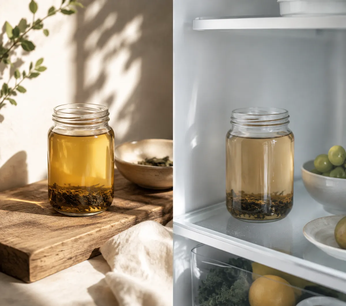 Two identical jars of pale amber tea, the left on a sunlit wooden step and the right on a cold fridge shelf