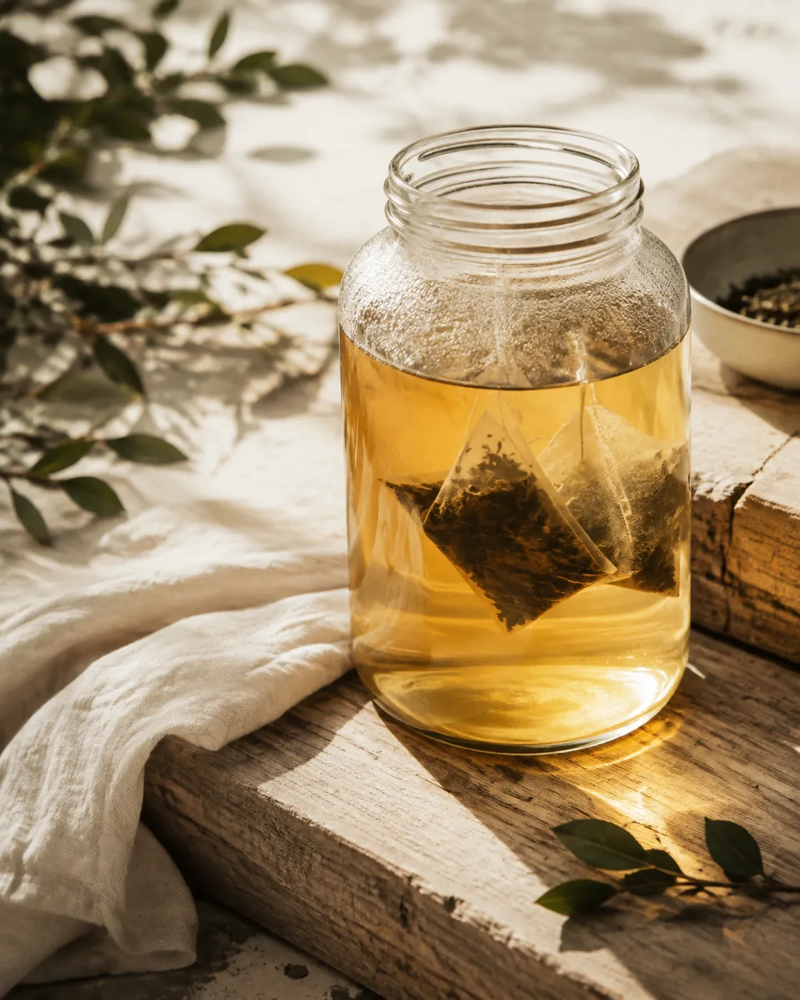A large glass jar of pale amber tea standing in bright sunlight on a wooden step