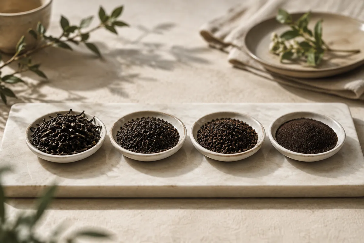 Four dishes of black tea from whole twisted leaf down to fine dust