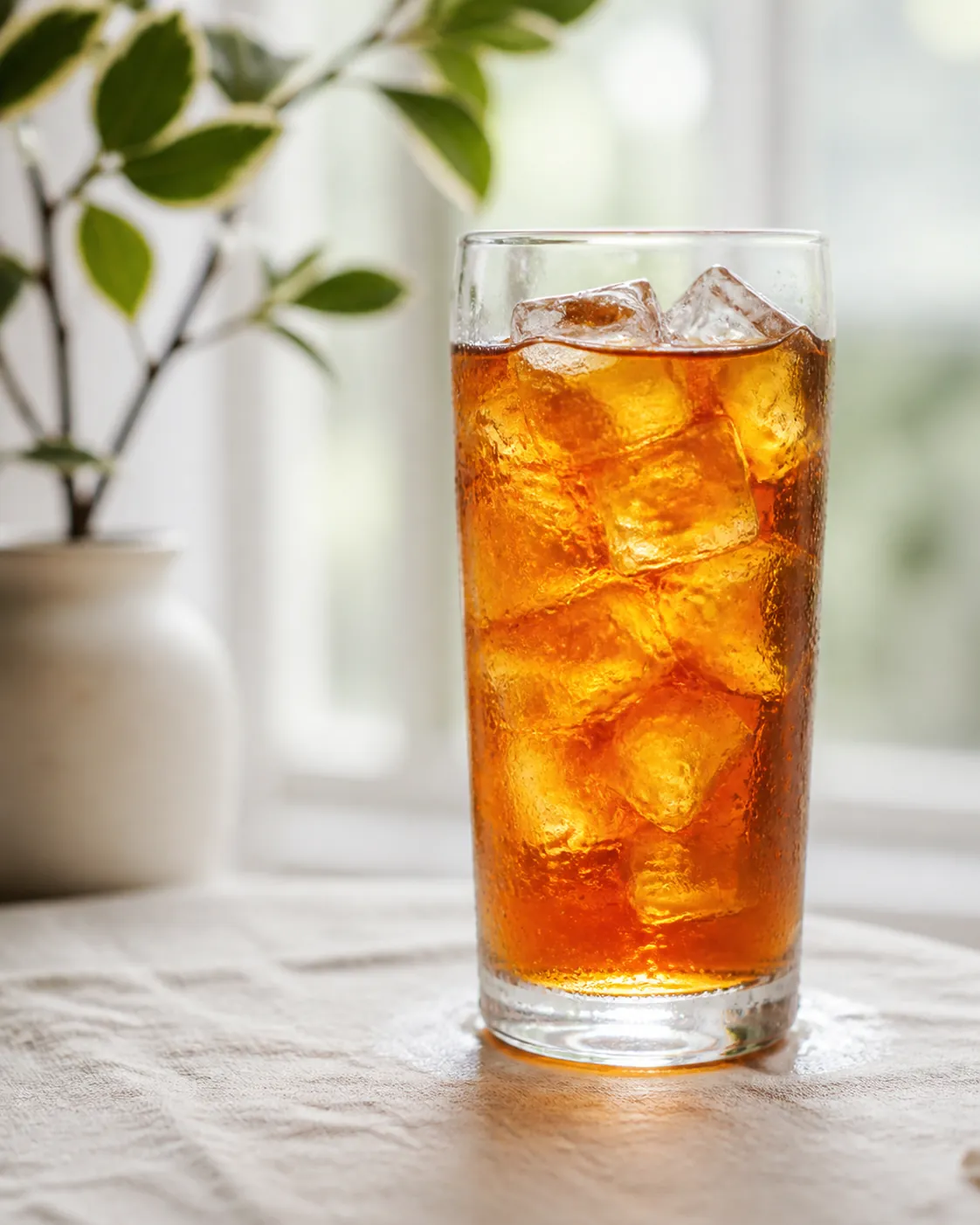 A tall glass of iced black tea on linen, full of ice, the tea a clear bright amber-brown, with condensation beading on the outside