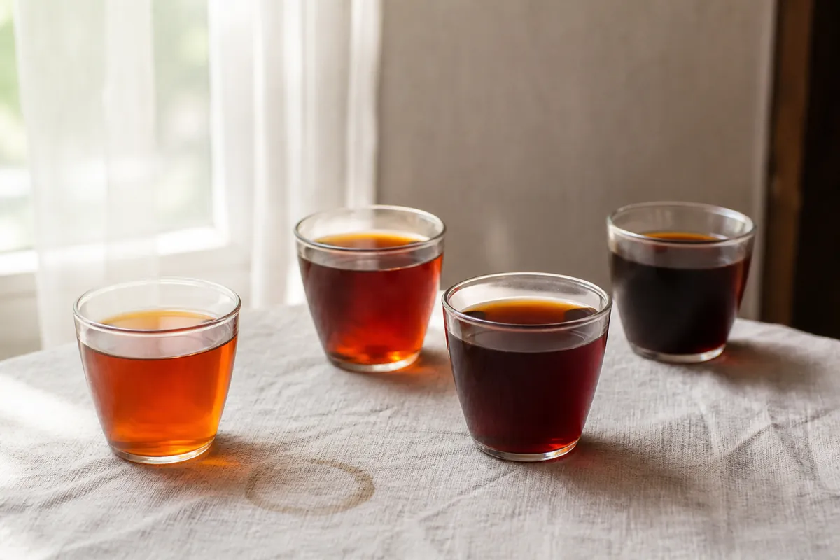 Four glass cups of brewed black tea backlit on linen, running from bright coppery orange through deep red-brown to almost opaque dark brown