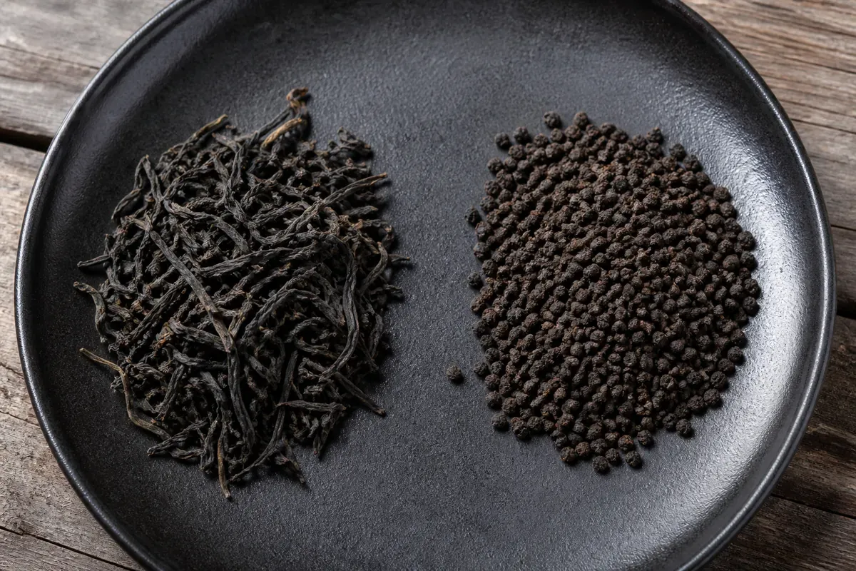 Two piles of dry black tea on a dark ceramic dish: long whole twisted orthodox leaf on the left, uniform small dark CTC granules on the right