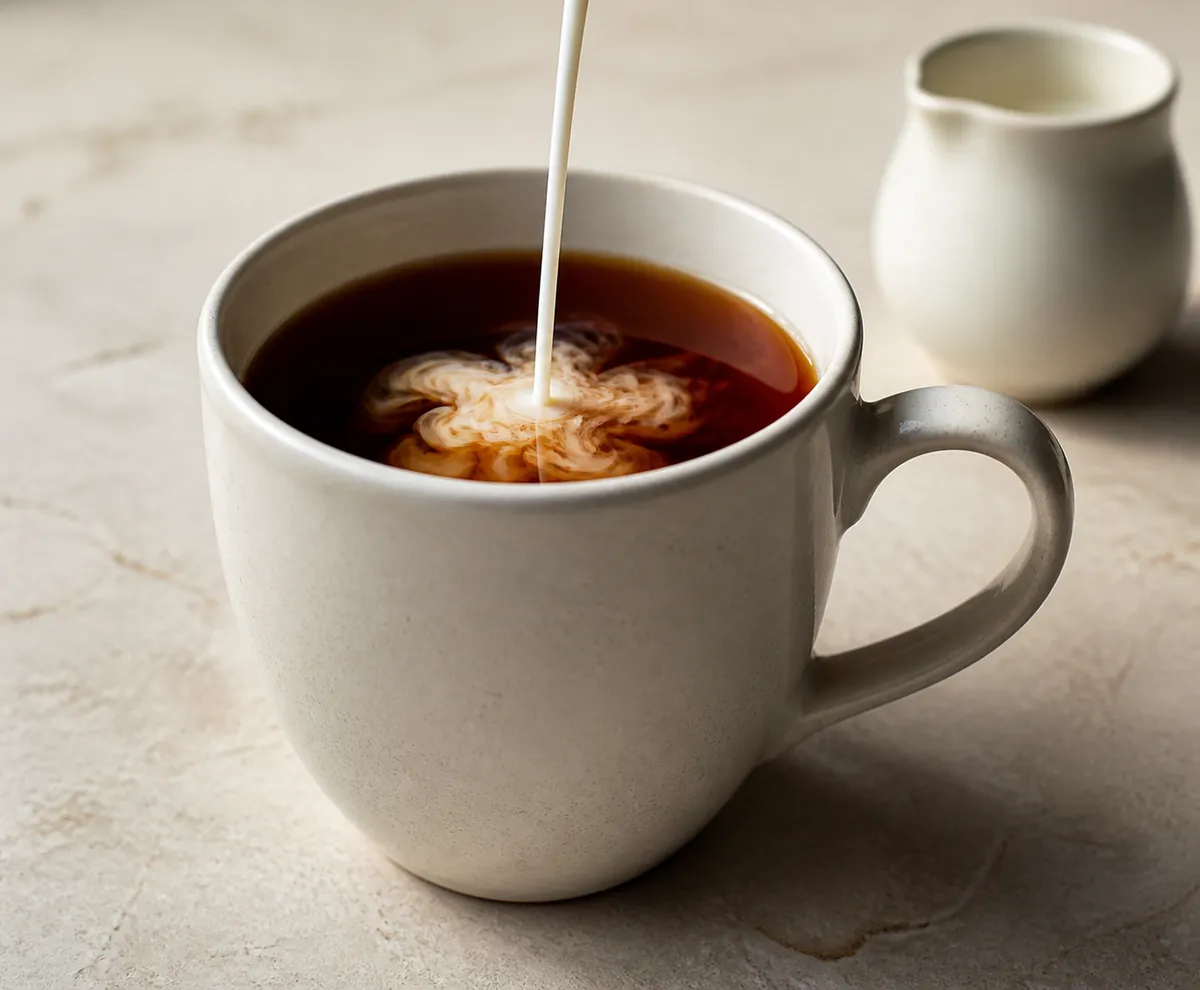 A stream of milk meeting the surface of a mug of strong black tea and blooming into a pale cloud through the dark liquid