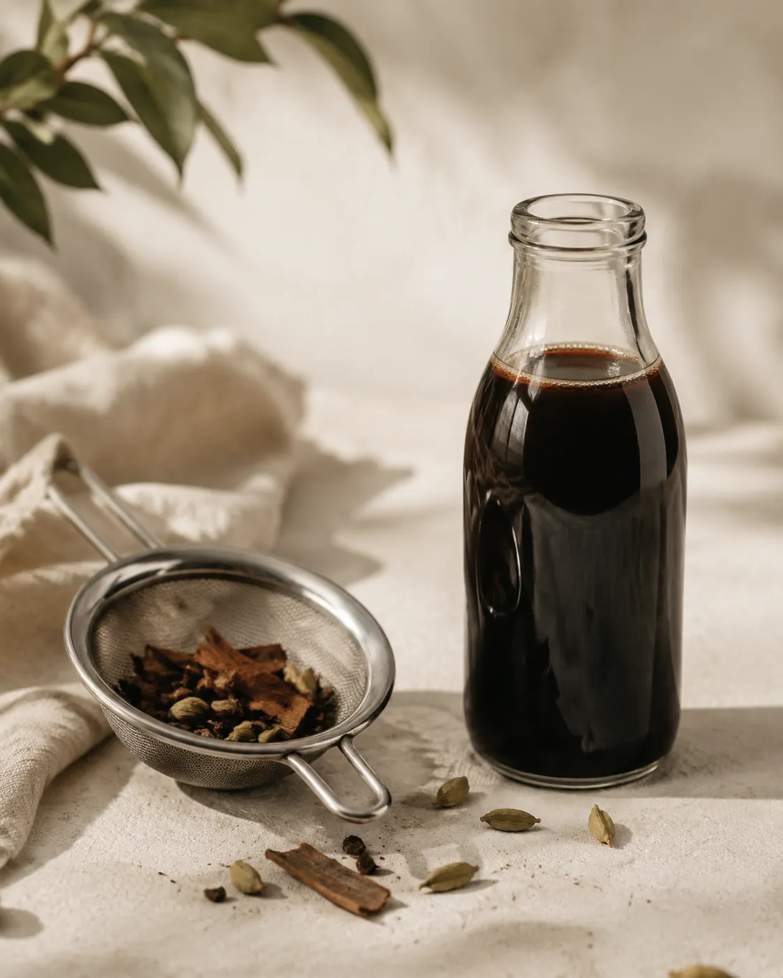 A glass bottle of dark spiced tea concentrate beside a strainer of wet spent spices, cardamom pods and cinnamon bark visible