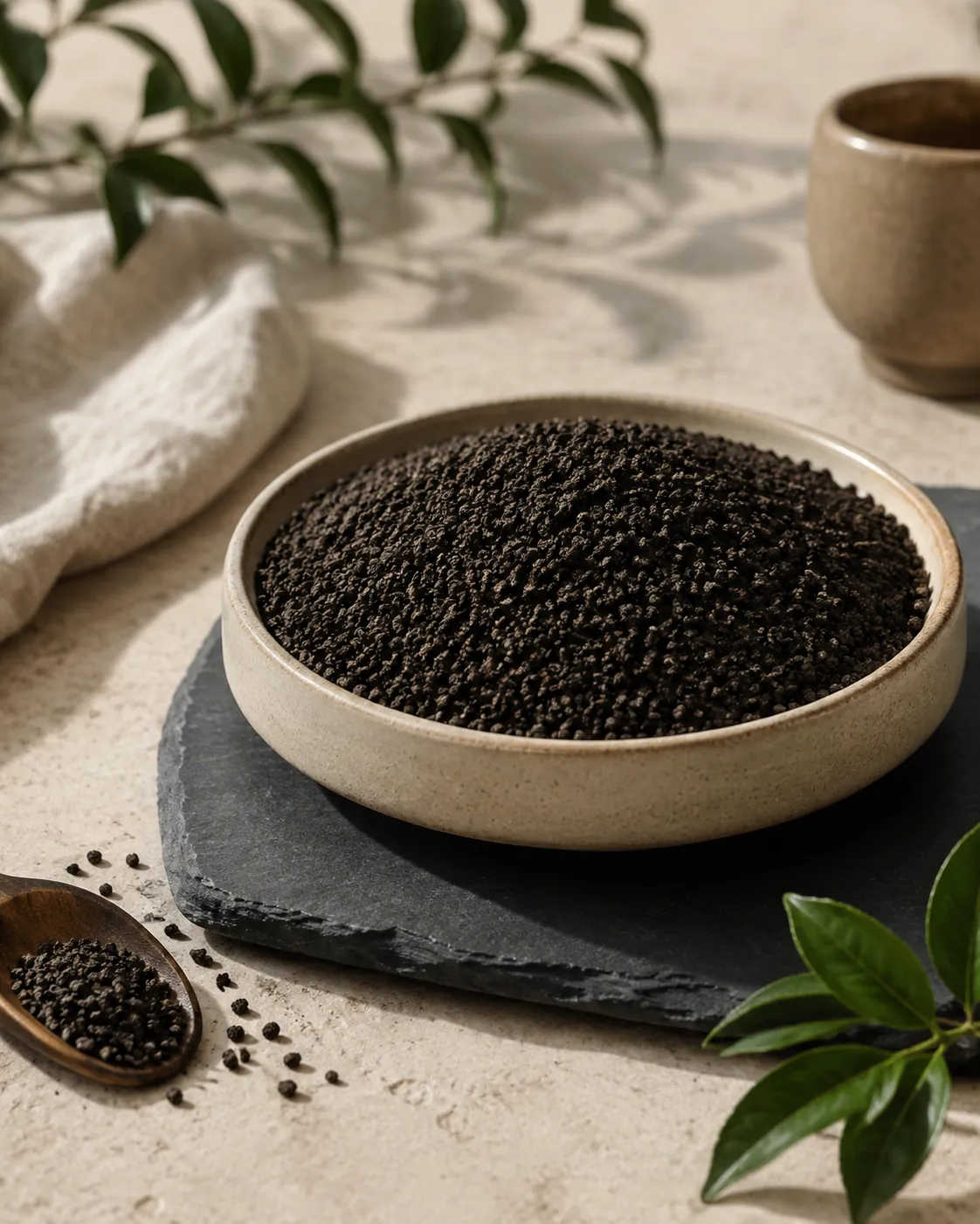A dish of granular CTC black tea shown close, the grains uniform and dark