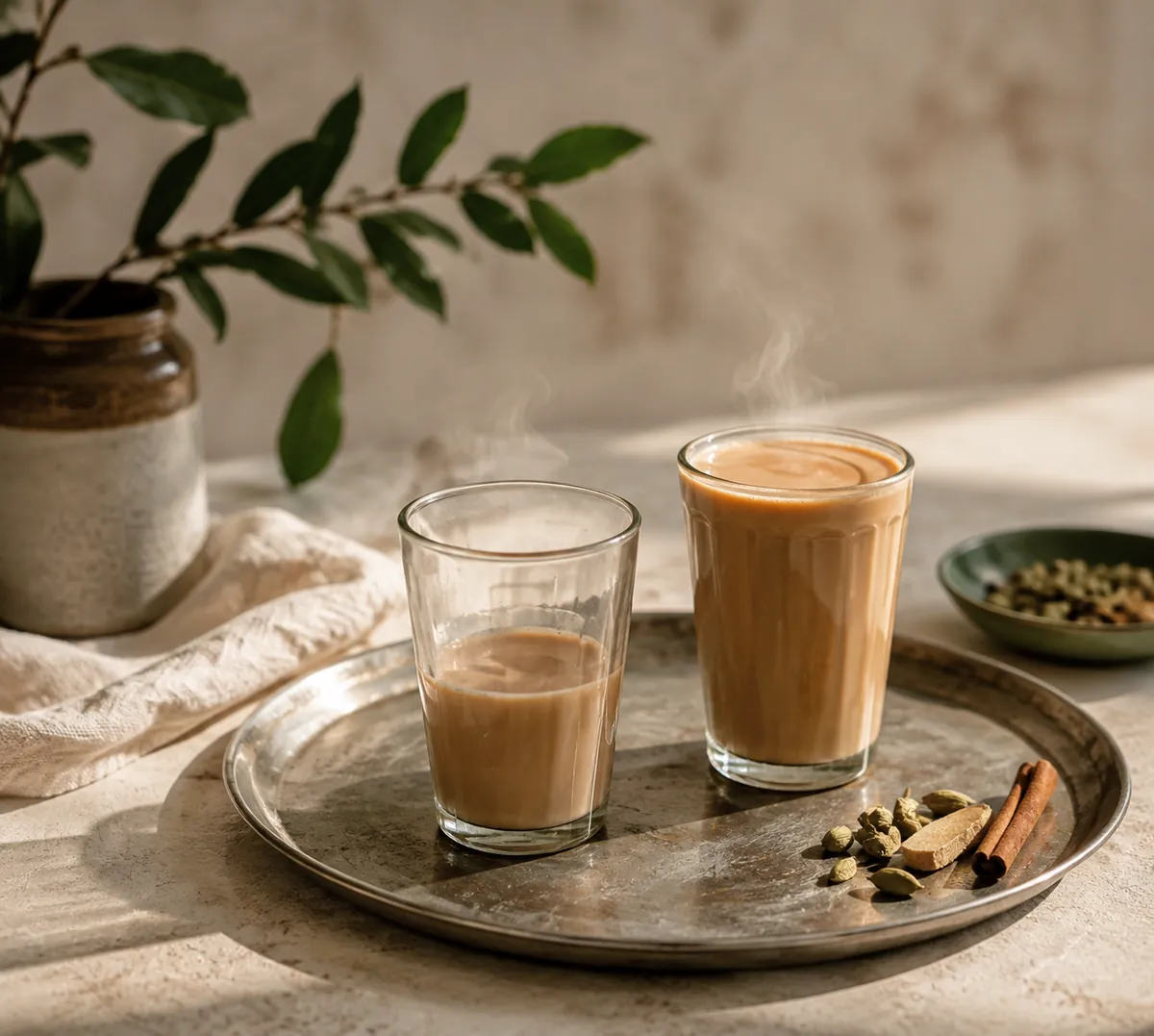 A small glass filled only halfway with milky chai standing beside a full glass of the same drink on a steel tray