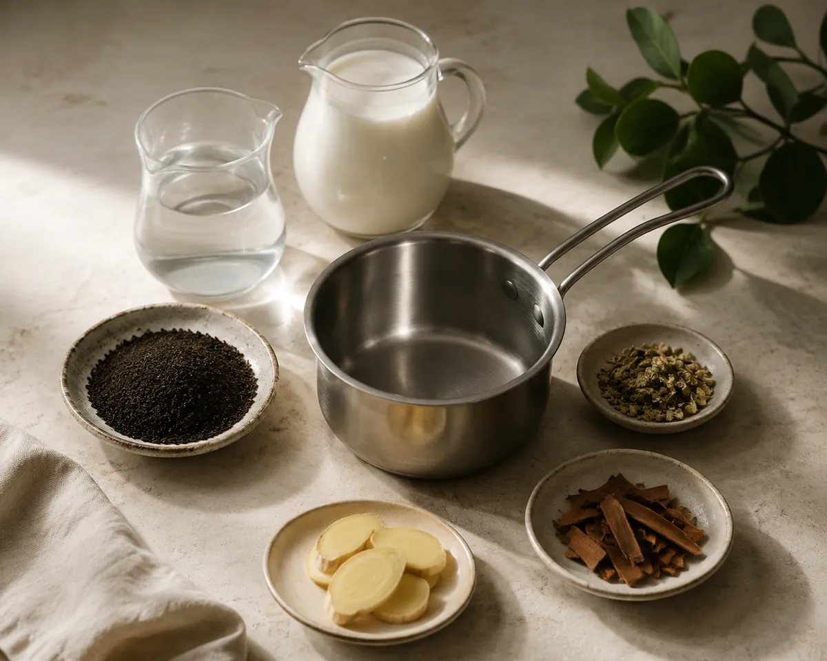 A small jug of water, a jug of whole milk, a dish of granular black tea and a dish of crushed cardamom, cassia and sliced ginger set out around an empty steel pan