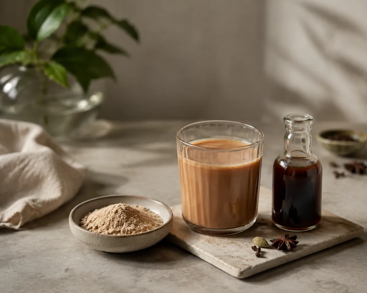 A dish of pale beige chai latte powder and a small bottle of dark spiced syrup beside a glass of freshly simmered chai