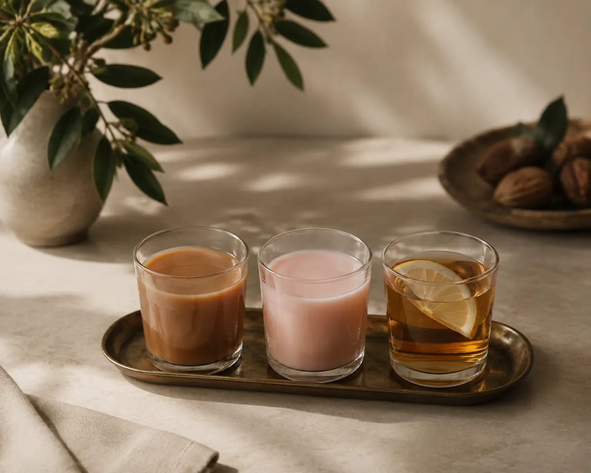 Three glasses in a row, one deep brown milky chai, one pale pink salted noon chai and one clear amber black tea with a slice of lemon