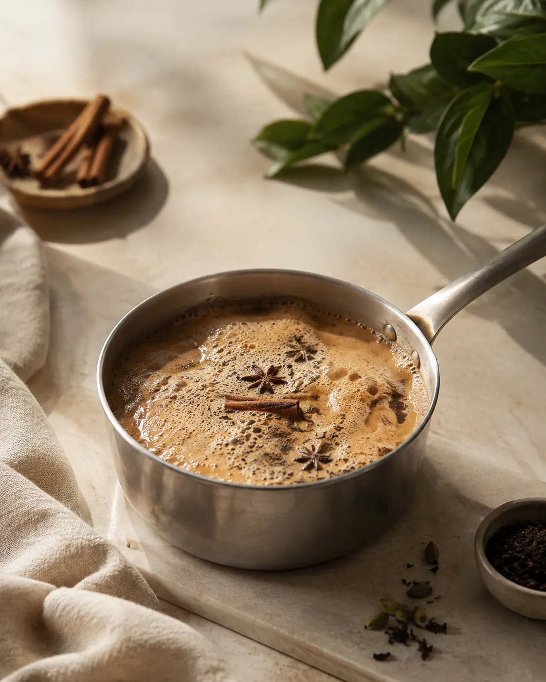 A small steel pan of chai at a rolling simmer, the surface risen and foaming, whole spices and dark tea visible in the milk