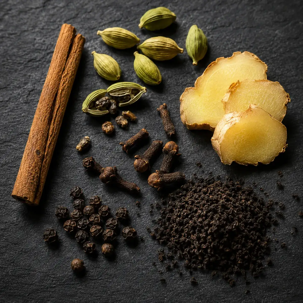 Whole chai spices on dark slate: green cardamom pods, a cassia stick, sliced ginger, cloves and peppercorns beside a heap of dark CTC tea