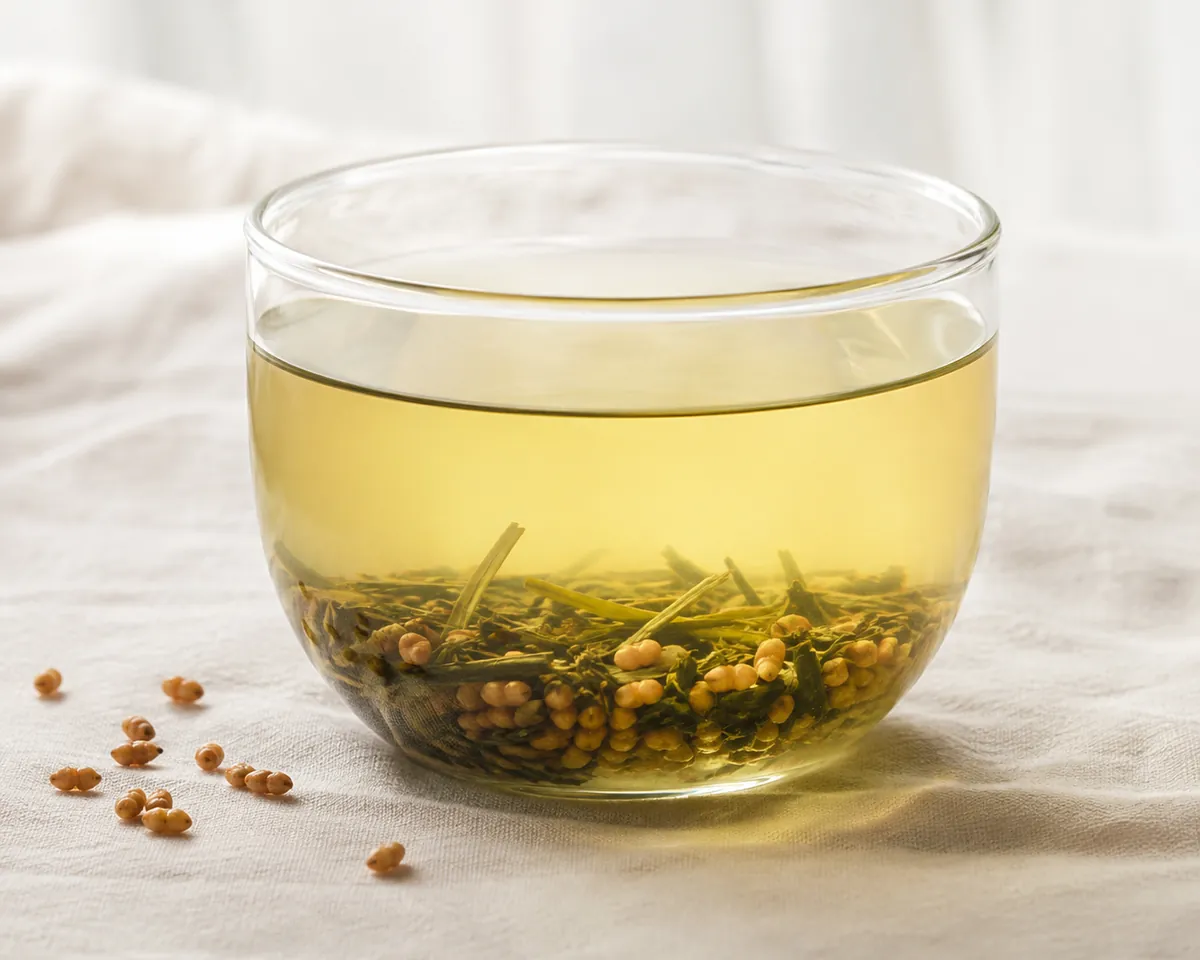 A glass cup of pale yellow-green genmaicha with wet green leaves and swollen rice grains settled at the bottom
