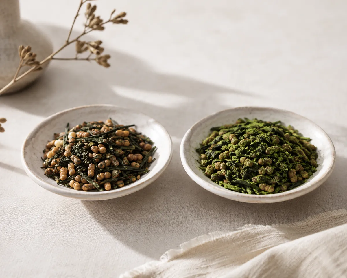 Two dishes of genmaicha side by side, the left plain green leaf with roasted rice and the right dusted with vivid green matcha clinging to the leaf