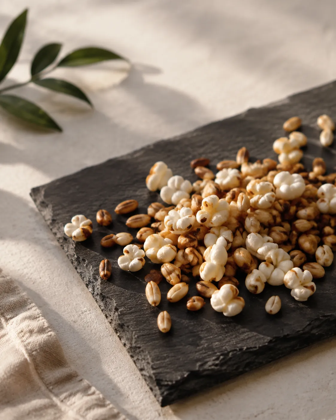 Roasted brown rice grains close up, several burst open into white puffs among the tan grains