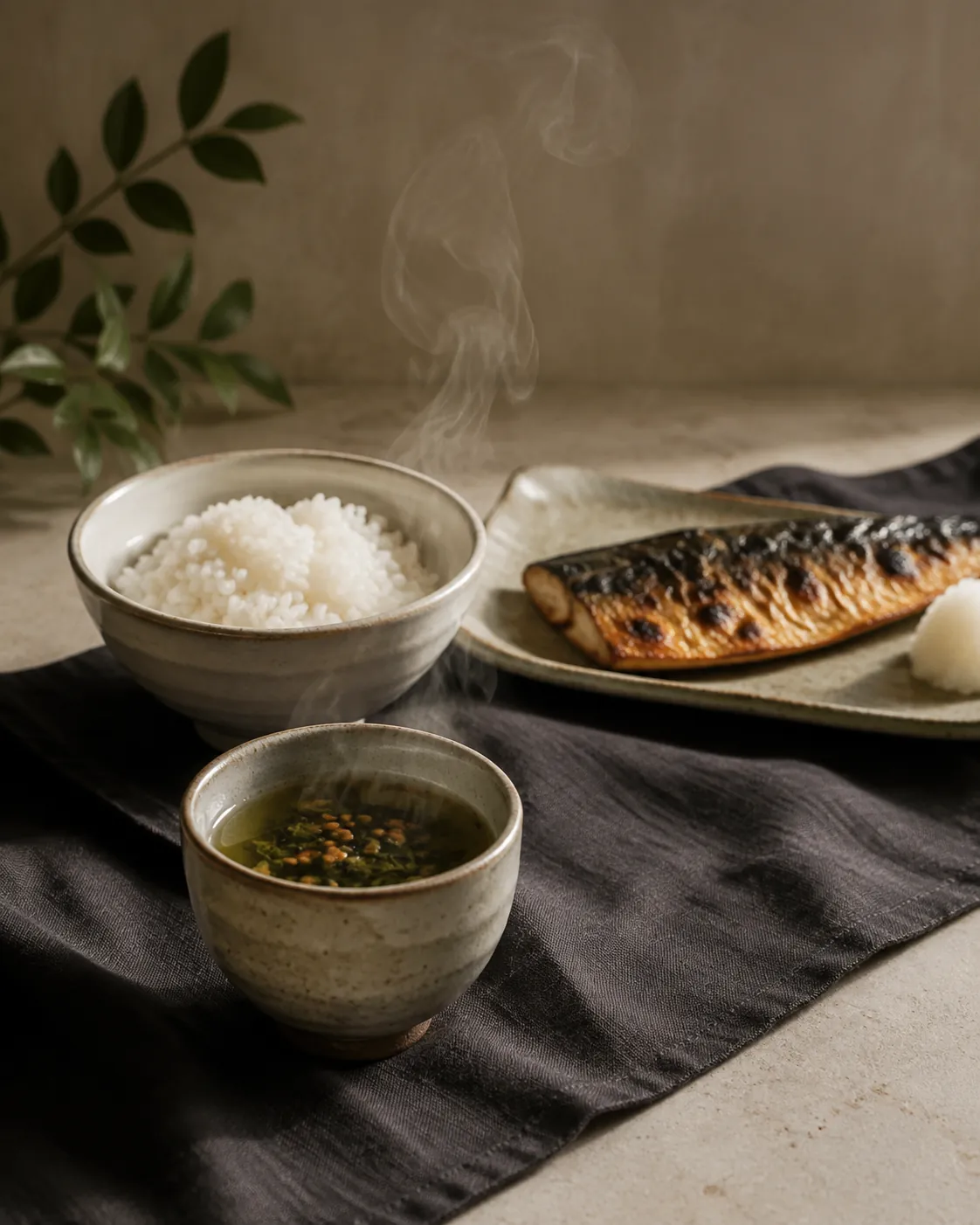 A small cup of genmaicha beside a simple bowl of rice and grilled fish on dark linen, steam rising from the cup