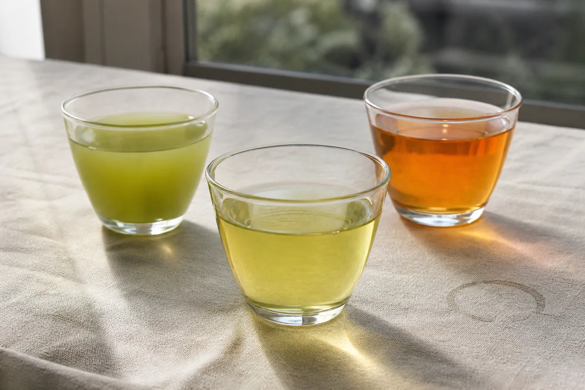 Three glass cups of brewed tea: a cloudy jade green liquor, a clear yellow-green liquor, and a clear amber liquor