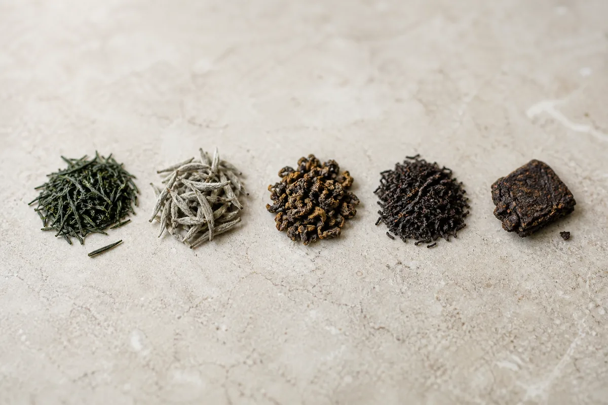 Five piles of dry tea leaf in a row, from dark green needles through silver-white buds and amber oolong to near-black leaf and a compressed pu-erh brick