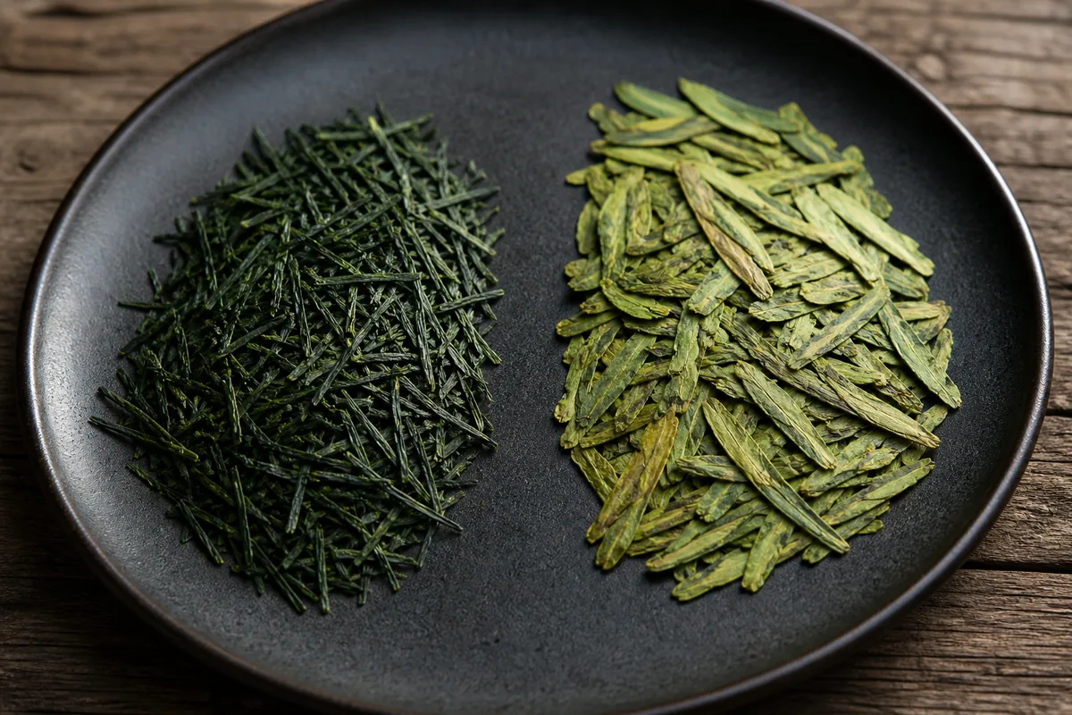 Dry sencha leaf as fine dark green needles beside dry Longjing leaf as flat pressed pale jade blades on a dark ceramic dish