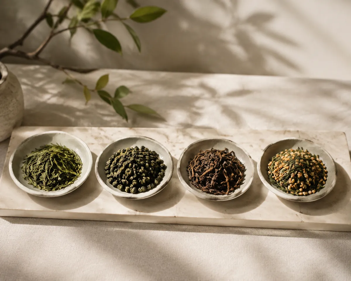 Four dishes of green tea leaf, from flat needles to rolled pellets to leaf mixed with rice