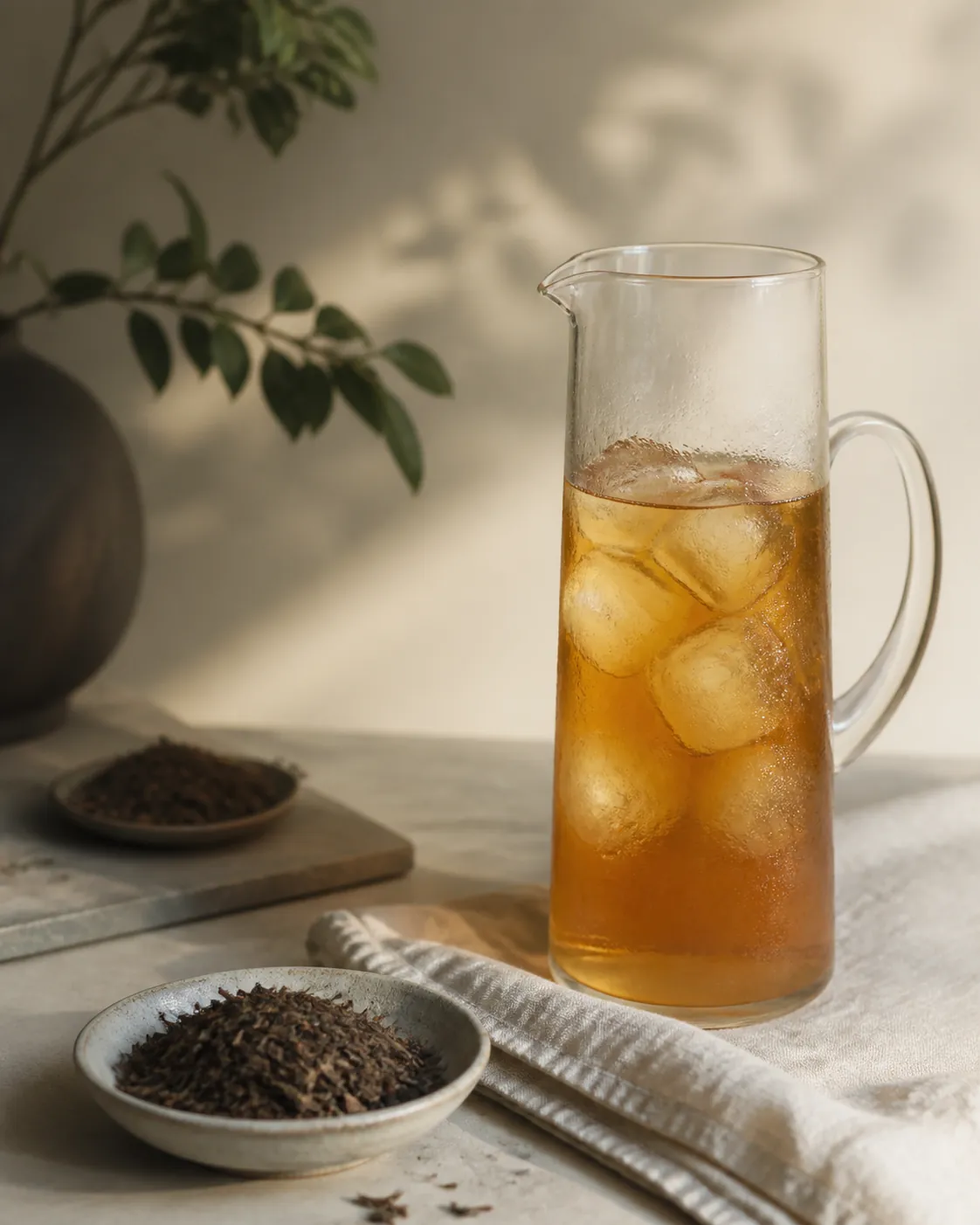A tall glass jug of clear amber iced hojicha with large ice cubes and condensation, on a pale linen cloth